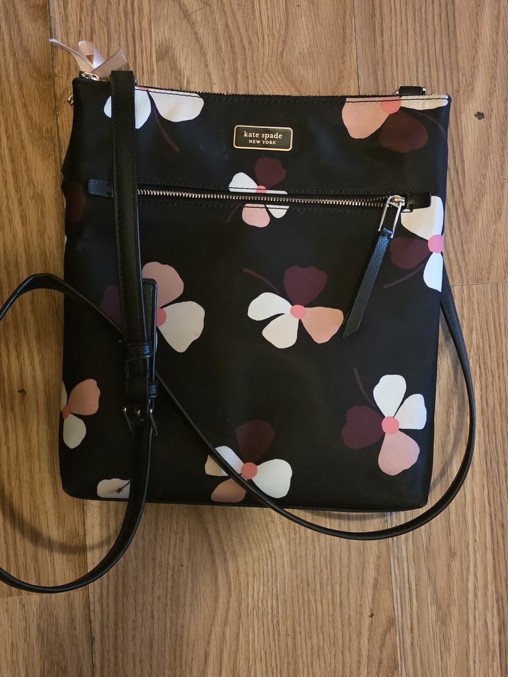 kate spade Black Floral Nylon Crossbody with Pink, White & Burgundy Accents